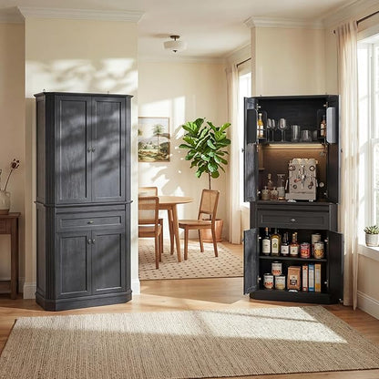 72.2" Tall Kitchen Pantry Cabinet with Doors, Farmhouse Storage Cabinet with Charging Station & LED Light, Drawer, Adjustable Shelves and Pull-Out Shelves, Black Wood Pantry Cupboard for Dining Room
