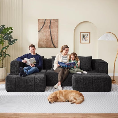 Modular Sectional Sofa with Deep Seat, 98'' Boneless Cloud Couch No Assembly Required, Modern Plush Corduroy Cloud Couches for Living Room & Apartment (3 Seat w/ 2 Ottoman), Black