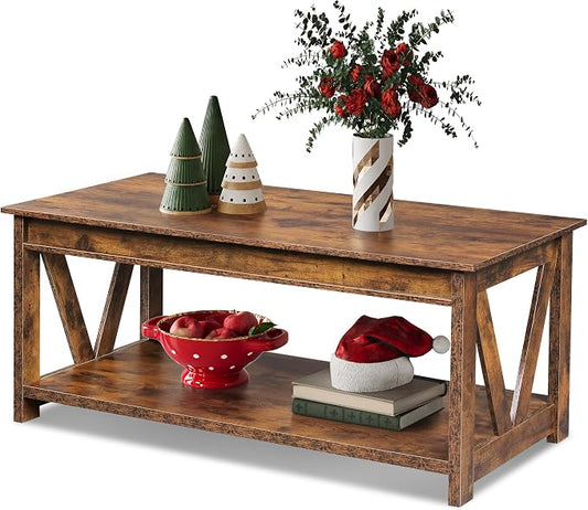 WLIVE Coffee Table, 43" Farmhouse Coffee Table with Storage Shelf & Sturdy V-Shaped Support, Wood Center Table for Living Room, Bedroom, Office and Balcony, Rustic Brown