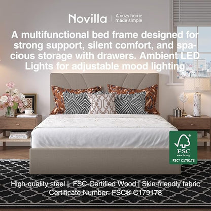 Novilla Queen Bed Frame with Drawers, Queen Bed Frame with Headboard, LED Bed Frame Queen Size, Charging Station and Adjustable Headboard Bed Frame Queen Size, No Box Spring Needed, Beige