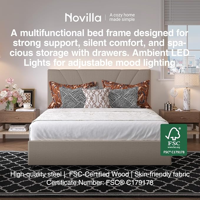 Novilla King Bed Frame, King Bed Frame and Headboard, King Size Bed Frame with Drawers, King Bed Frame with LED Lights, Charging Station and Adjustable Headboard, No Box Spring Needed, Beige