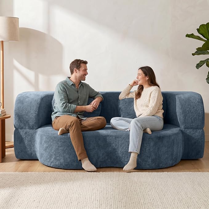 Vongrasig 77” Convertible Sofa Bed, Folding Boneless Couch, Floor Sofa 2-in-1 Curved Couch for Small Living Room, Apartment, Guest Room, Blue