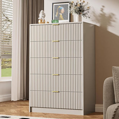 MAISONARIA 3-Piece Dresser Bedroom Set, 5 Drawer Dresser & 2 Drawer Nightstands with Gold Handles, Fluted Wood Chest of Drawers for Bedroom, Living Room, Entryway, Beige