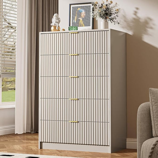 MAISONARIA 3-Piece Dresser Bedroom Set, 5 Drawer Dresser & 2 Drawer Nightstands with Gold Handles, Fluted Wood Chest of Drawers for Bedroom, Living Room, Entryway, Beige