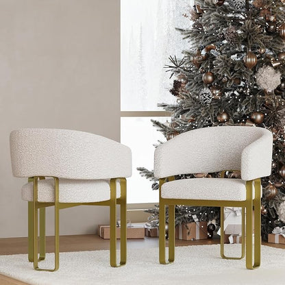 Off White Boucle Dining Chair, Barrel Upholstered Kitchen & Dining Room Chairs with Armrest, U-Shaped Brushed Gold Metal Legs(Set of 7)