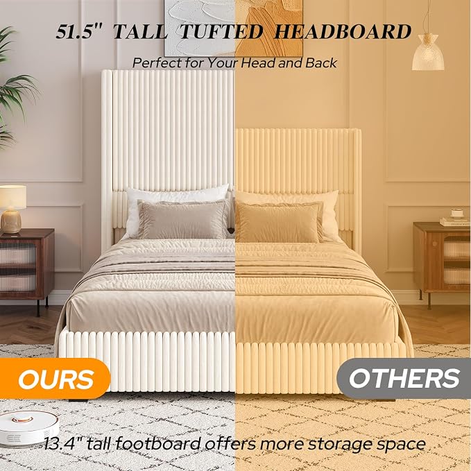 UNIQUITE Queen Size Lift Up Storage Bed Frame with 51 Inch Tall Wingback Headboard, Corduroy Upholstered Platform Bed with Hydraulic Storage, 2 USB Ports, No Box Spring Needed, Noise-Free, Beige