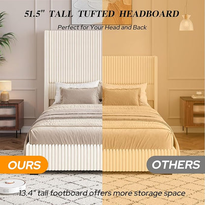 UNIQUITE Queen Size Lift Up Storage Bed Frame with 51 Inch Tall Wingback Headboard, Corduroy Upholstered Platform Bed with Hydraulic Storage, 2 USB Ports, No Box Spring Needed, Noise-Free, Beige
