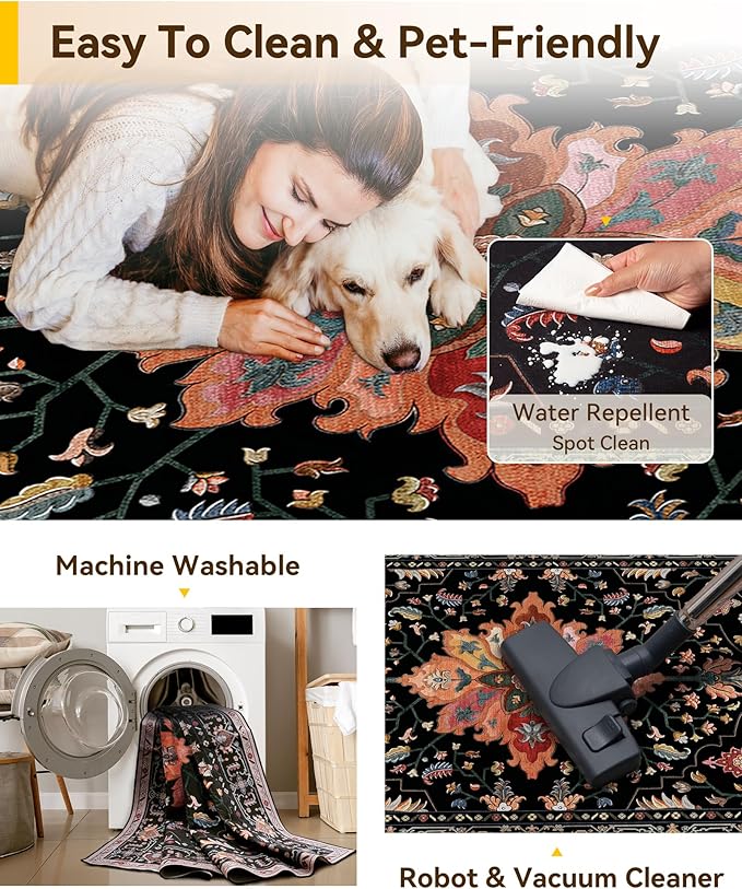 RELEANY Area Rugs Runner 2'x10' Washable Non-Slip, Floral Vintage Distress Medallion Carpet for Kitchen Hallway Bedroom Beside Laundry Room Bathroom, Black Colorful Floral Dark Tan