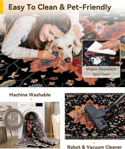 RELEANY Area Rugs Runner 2'x10' Washable Non-Slip, Floral Vintage Distress Medallion Carpet for Kitchen Hallway Bedroom Beside Laundry Room Bathroom, Black Colorful Floral Dark Tan