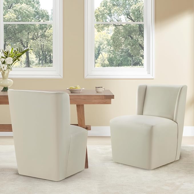 KISLOT Upholstered Dining Chairs Set of 1 with Casters, Wingback Modern Side Armless Deskchair with Rollers for Diningroom Bedroom Livingroom Reading Room, Cream Faux Leather