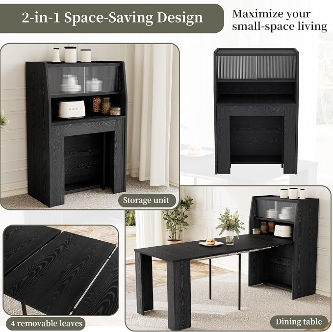 HIPIHOM Dining Table Set for 6, Extendable 86.6" with Storage | Space-saving MDF Kitchen Table with 6 Upholstered U-shaped Black Chairs, Ideal for Apartment, Living Room