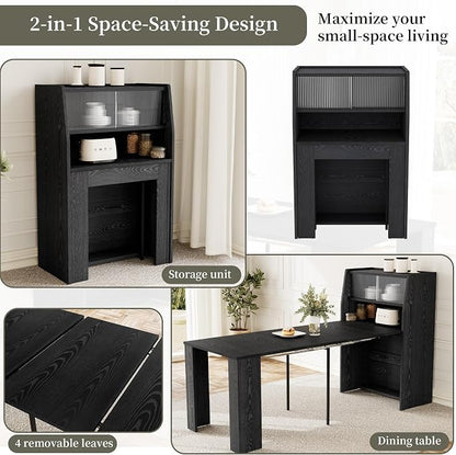 HIPIHOM Dining Table Set for 6, Extendable 86.6" with Storage | Space-saving MDF Kitchen Table with 6 Upholstered U-shaped Black Chairs, Ideal for Apartment, Living Room