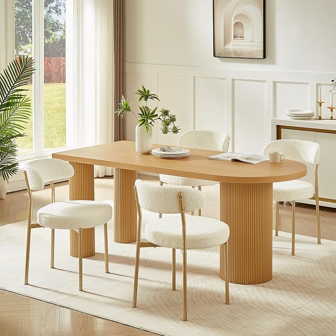 SoarFlash Dining Chairs, Beige Boucle Dining Chairs Set of 2, Kitchen Dining Room Chairs Curved Backrest Upholstered Mid Century Modern Chairs with Golden Metal Legs