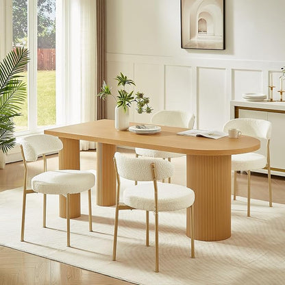 SoarFlash Dining Chairs, Beige Boucle Dining Chairs Set of 2, Kitchen Dining Room Chairs Curved Backrest Upholstered Mid Century Modern Chairs with Golden Metal Legs