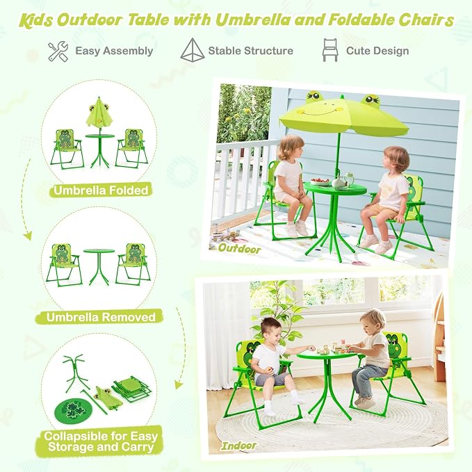 HONEY JOY Kids Picnic Table, Animal Themed Toddler Outdoor Table and Chair Set, 2 Folding Chairs & Removable Umbrella, Children Outdoor Furniture for Backyard Patio Garden (Light Green Frog)
