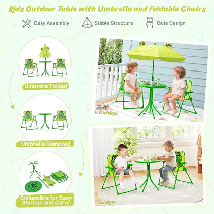 HONEY JOY Kids Picnic Table, Animal Themed Toddler Outdoor Table and Chair Set, 2 Folding Chairs & Removable Umbrella, Children Outdoor Furniture for Backyard Patio Garden (Light Green Frog)