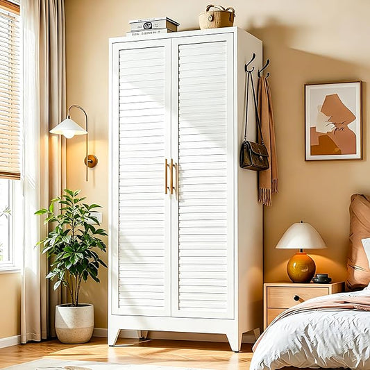 Metal Armoire Wardrobe Closet, 71" Clothing Storage Cabinets with Adjustable Hanging Rod, Louvered Doors, 2 Side Hooks & 2 Adjustable Shelves - Closet Cabinet for Bedroom, Laundry Room, Cloak Room