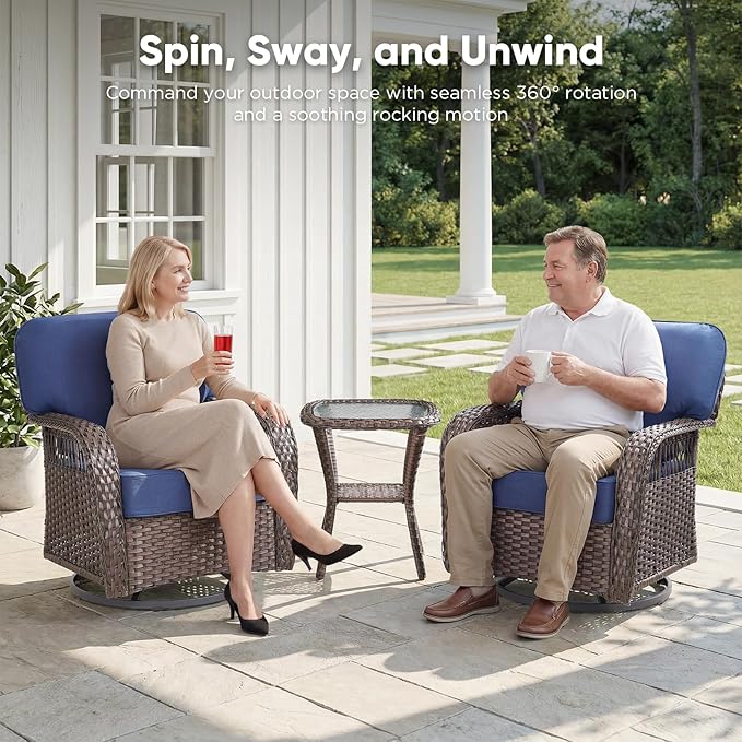 Belord Patio Wicker Swivel Rocker Patio Chairs with 3-Seater Sofa, Outdoor Rattan Chairs for Deck Porch Poolside, 10 Piece Patio Conversation Furniture Set,Blue