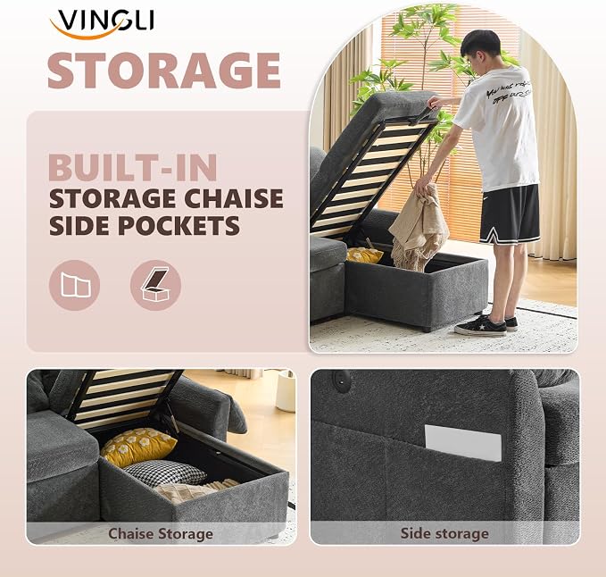 VINGLI Sectional Sleeper Sofa with Pull Out Couch Bed, 85 Inch L-Shaped Convertible Sofa Bed, 5 Seat Modular Sectional Couches for Living Room with Storage Chaise, USB Charging, Side Pockets