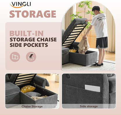 VINGLI Sectional Sleeper Sofa with Pull Out Couch Bed, 85 Inch L-Shaped Convertible Sofa Bed, 5 Seat Modular Sectional Couches for Living Room with Storage Chaise, USB Charging, Side Pockets