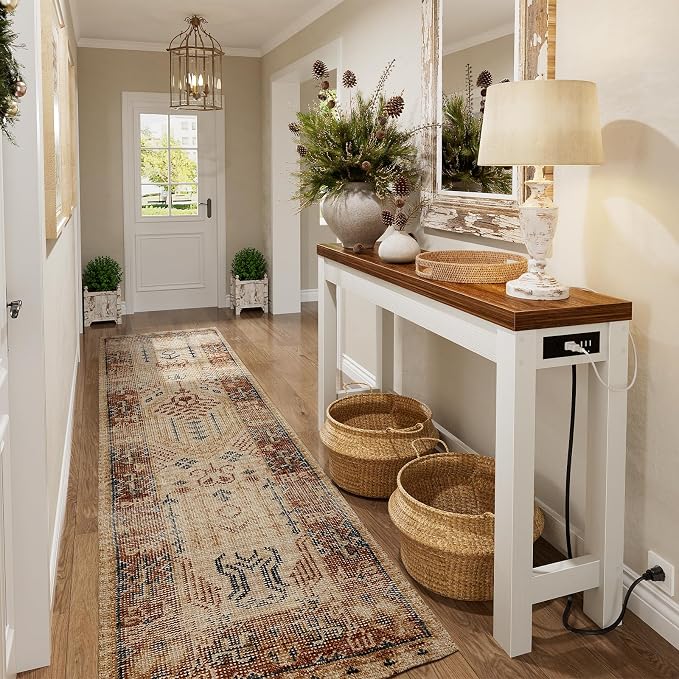 Cyclysio 47" Console Table with Charging Station, 13.8" Deep Farmhouse Sofa Table Behind Couch with 2 AC Outlets & 3 USB Ports, Entryway TV Console or Compact Home Office Desk, Rustic Oak