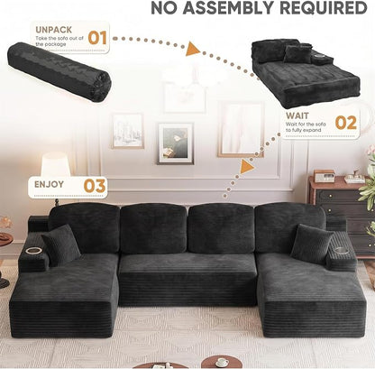 Homall 142" Boneless Couch, Modular Sectional Sofa, No Assembly Required, Memory Foam Filling, Corduroy U-Shaped Sofa, Movable Multi-Person Couch for Living Room (Black)
