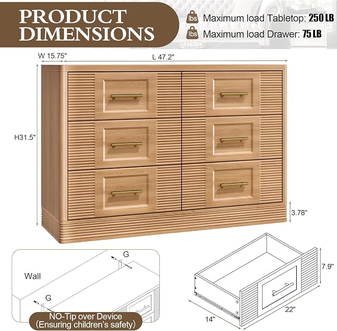 RECHHX Farmhouse 6 Drawers Dresser for Bedroom, 47.2" Wide Large Modern Chest of Drawers, Wooden Thermoformed Curved Dresser Organizer for Bedroom, Living Room, Natural Oak