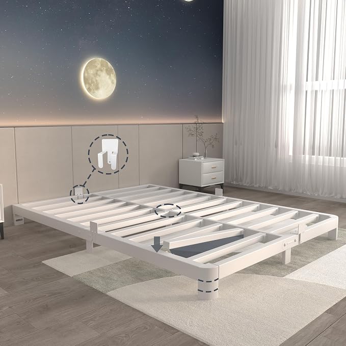ITIMIDI 4 Inch White King Size Bed Frame, Metal Platform Bed Frames with Metal Gaskets, Heavy Duty Steel Support 3500 LBS, No Box Spring Needed, Anti-Slip Mattress Stopper, Easy Assembly