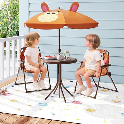 HONEY JOY Kids Picnic Table, Animal Themed Toddler Outdoor Table and Chair Set, 2 Folding Chairs & Removable Umbrella, Children Outdoor Furniture for Backyard Patio Garden (Brown Monkey)
