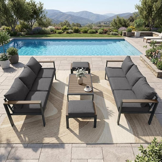Patio Furniture Set 8 Seats and Coffee Table, Patio Conversation Set with Washable Thick Cushions, Deluxe Aluminum Modern Outside Sectional for Porch, Balcony, Deck, Yard, Dark Gray