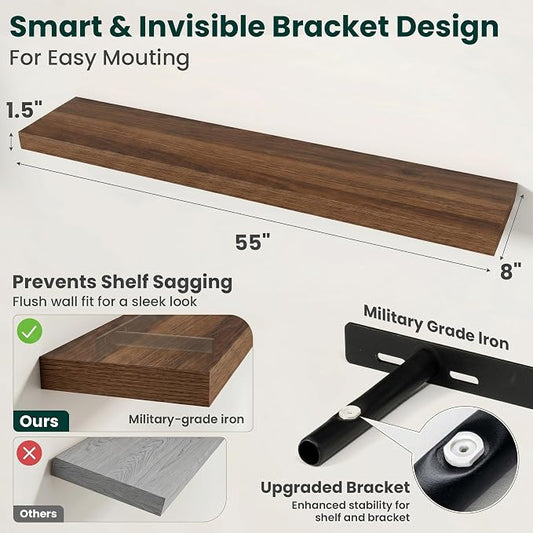 Floating Shelves for Wall, 55 Inch x 8 Inch Deep Wall Mounted Wood Shelf with Invisible Brackets for Storage & Display, Living Room Bedroom Kitchen, Walnut, Set of 2