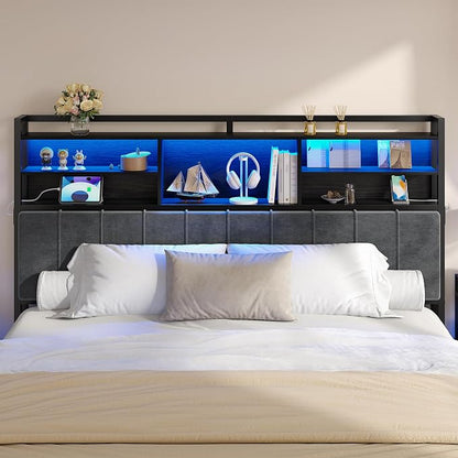 Hzuaneri Headboard with 3-Tier Storage Shelves, Velvet Upholstered Head Board with 2 Outlets, USB Ports & LED Light, Soft Backrest for King Size Bed, Black BH19404B
