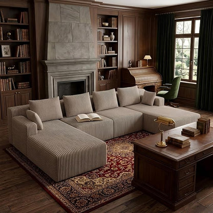 142" Oversized Cloud Modular Sectional Sofa Boneless Couches with Double Chaise Lounge and Deep Seat, Fluffy Corduroy Upholstered Compressed Lounge Sofa & Couches for Living Room
