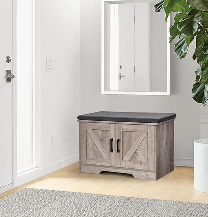 HOMSHO Farmhouse Shoe Storage Bench with 2 Barn Doors & Padded Seat Cushion | 27.6" Wide Entryway Bench with Adjustable Shelves & Hidden Storage, Greige