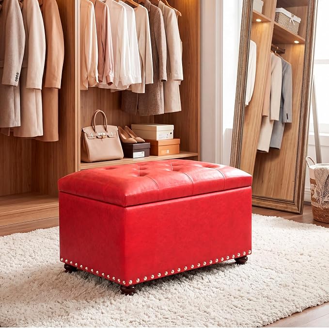 Joveco Leather Storage Ottoman, 24" Rectangle Square Bench Foot Rest Stool for Bedroom Living Room, Red
