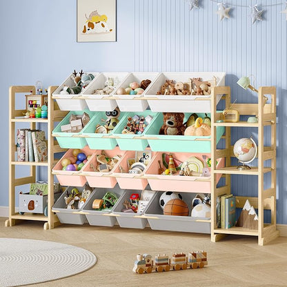 EXPERLAM Extra Large Toy Storage - Toy Storage Organizer, Wooden Toy Organizer with 6 Side Shelves and 16 Bins, 3-in-1 Bookshelf for Kids Rooms, Playroom, Nursery, Multi