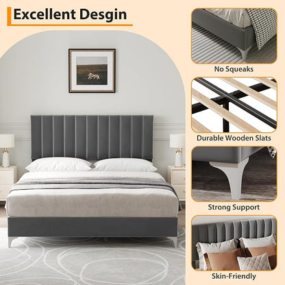 IDEALHOUSE Queen Size Bed Frame with Adjustable Headboard, Velvet Upholstered Platform Queen Bed Frame with Strong Wooden Slats, Non-Slip and Noise-Free, No Box Spring Needed, Easy Assembly, Grey