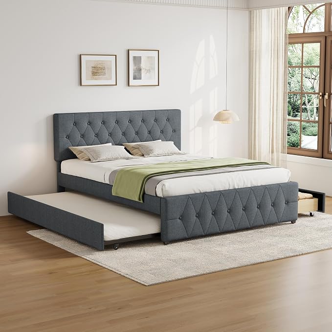 Queen Bed Frame with 2 Wood Storage Drawers & Pull‑Out Trundle Bed,Upholstered Platform Bed Frame Queen Size with Adjustable Headboard,Wooden Slats Support,No Box Spring Needed,Dark Gray