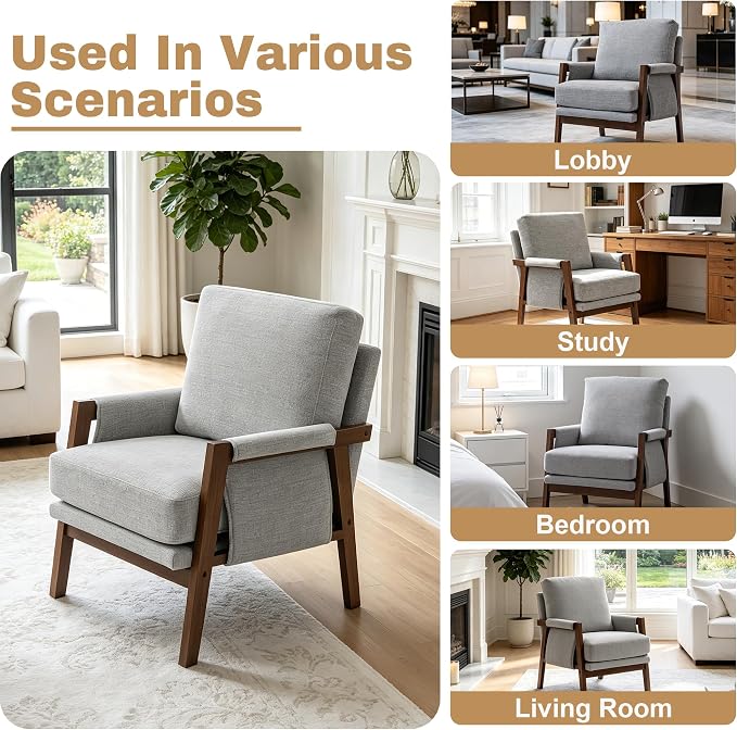 RNKSFX Grey Accent Chair for Bedroom & Living Room, Mid Century Modern Accent Arm Chair, Upholstered Anthropologie Accent Chair with Solid Wood Frame, Fabric