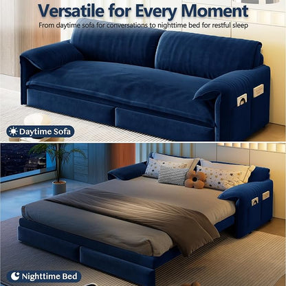 66" Sofa Bed Queen Size, Pull Out Couch Bed, 3-in-1 Convertible Sleeper Sofa with Side Pocket, Modern Velvet Futon Couch for Living Room, Small Space, Apartment, Bedroom, Blue