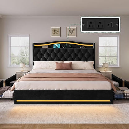 YITAHOME King Size Bed Frame with 4 Storage Drawers and RGB LED Lights, 57'' Tall Headboard Velvet Upholstered Bed with Charging Station, No Box Spring Needed, Easy Assembly, Noise-Free, Black