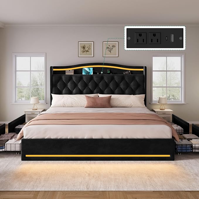 DWVO King Size Bed Frame with 4 Storage Drawers and RGB LED Lights, 57'' Tall Headboard Velvet Upholstered Bed with Charging Station, No Box Spring Needed, Easy Assembly, Noise-Free, Black