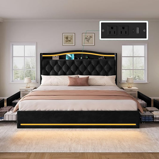DWVO King Size Bed Frame with 4 Storage Drawers and RGB LED Lights, 57'' Tall Headboard Velvet Upholstered Bed with Charging Station, No Box Spring Needed, Easy Assembly, Noise-Free, Black