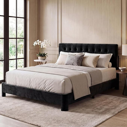 Twin Size Bed Frame with Headboard, Luxury Velvet Fabric Upholstered Bed frame with Button Tufted Design, Strong Wooden Slats Support - Low & Sturdy, Noise-Free, No Box Spring, Easy Assembly, Black | Plush velvet