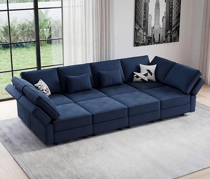 Vesgantti Sectional Sleeper Sofas with Storage, 118" Sofa Bed with 8 Seats Storage Chaises Removable Cover, Deep Seat Modular Couches Velvet Couch Set for Living Room, Apartment, Home Theater, Blue