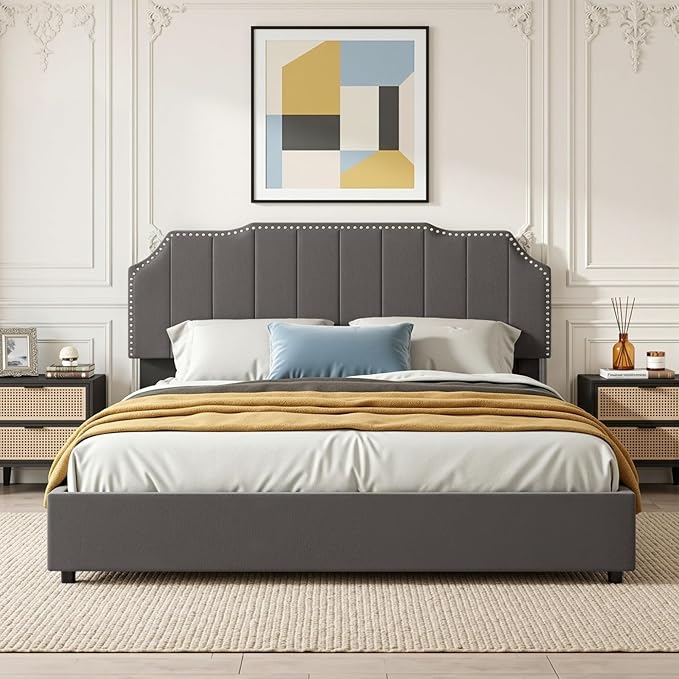 VECELO Full Bed Frame with 4 Storage Drawers & Upholstered Platform &Tufted Adjustable Headboard/Mattress Foundation/Wood Slat Support,Easy Assembly,Dark Grey