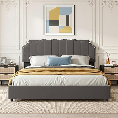 VECELO Full Upholstered Platform Bed Frame with 4 Storage Drawers,Velvet Vintage Full Bed with Nailhead Trim,Tufted Height Adjustable Headboard,Wooden Slats/No Box Spring Needed/Easy Assembly