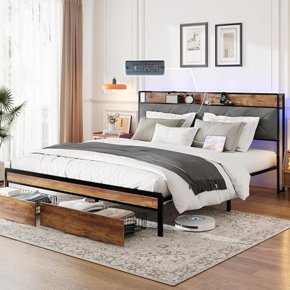 King Size Metal Platform Bed Frame with 2 Storage Drawers, LED Light, Velvet Headboard with USB Port - Heavy Duty, Brown Wooden Panel, No Box Spring Needed - King Bed Frame with Storage (Brown, King)