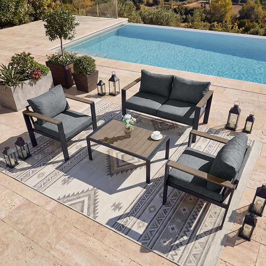 Patio Furniture Set 4 Seats and Coffee Table, Patio Conversation Set with Washable Thick Cushions, Deluxe Aluminum Modern Outside Sectional for Porch, Balcony, Deck, Yard, Light Gray