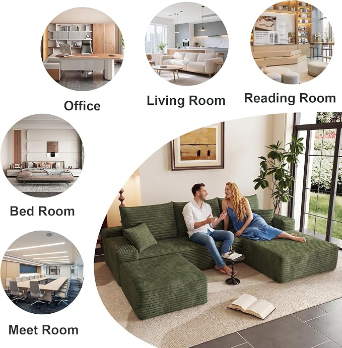 95" Cloud Sectional Couch U-Shaped Chaise with Ottoman, Corduroy Boneless Couch for Living Room Bedroom, Deep-Seat Upholstered Modular Cloud Sofa, No Assembly Required (Green, Right Facing Chaise)